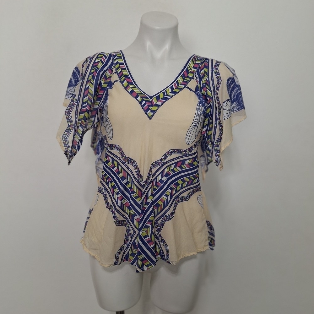 Leifnotes Anthropologie Cream Multicolor Bee Patterned Bohemian Blouse Size 0